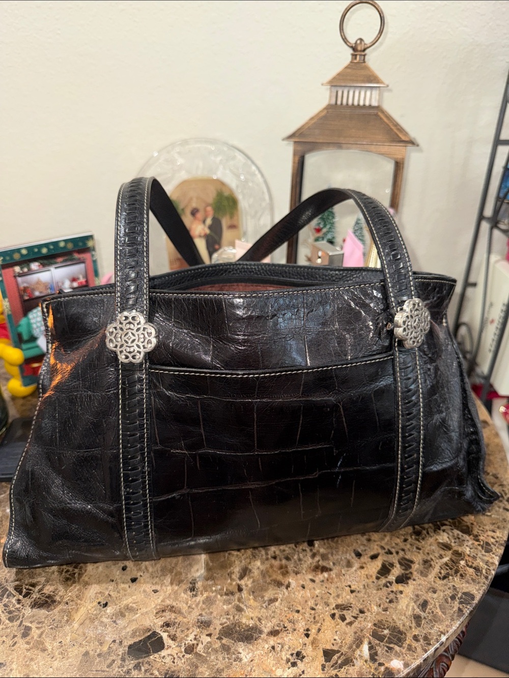 Brighton Black Croc-Embossed Shoulder Bag with Silver Accents